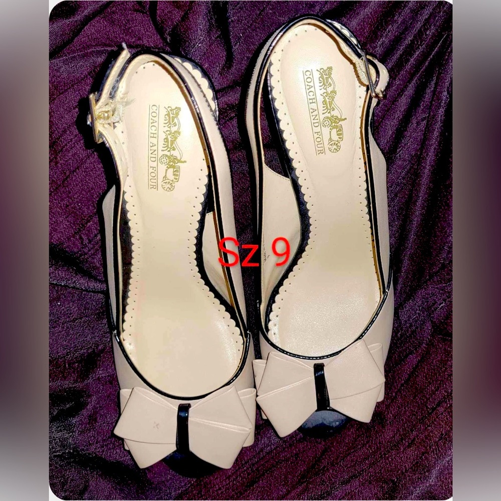 Brand: Coach and Four Size 9 but runs small more like an 8.5. Beige and Black